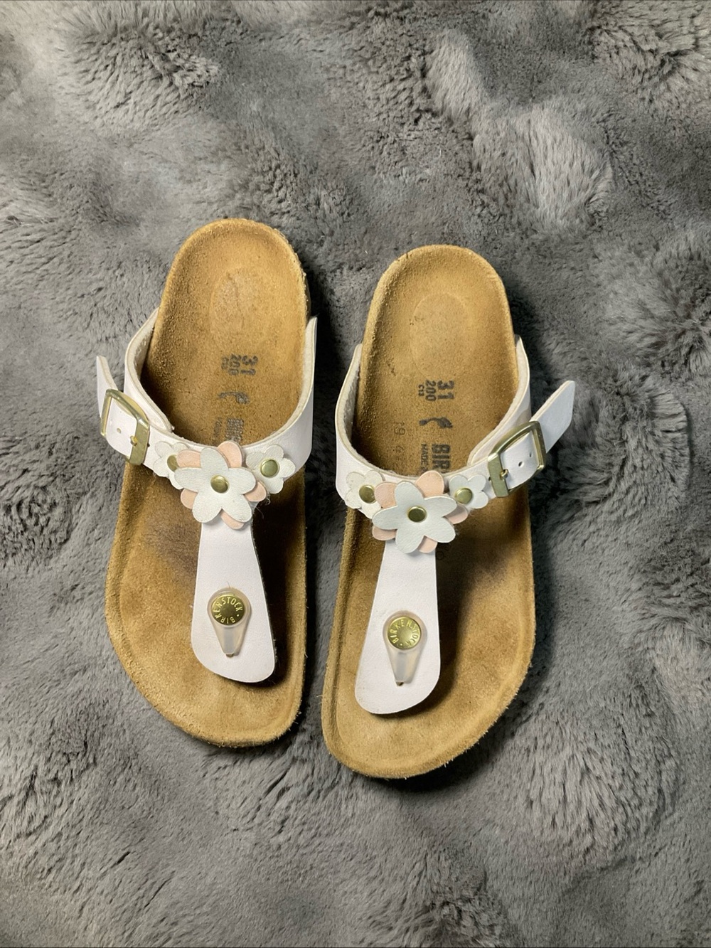 Birkenstock White Floral Thong Sandals with Gold Accents